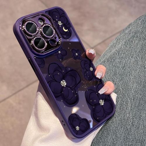 Deep Purple Camellia Flower Case For 15 11 12 13 14 Pro Max Plus Luxury Elegant Glitter Camera Lens Protector Clear Cover-DFor IPhone 15 ProMax