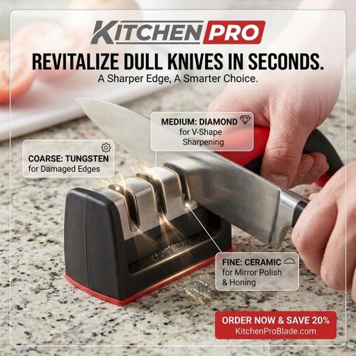 3-Stage Manual Kitchen Knife Sharpener Tool - Quick Sharpening & Polishing System, Professional 3-Slot Knife Sharpener with Ergonomic Anti-Slip Handle - Red/Black.