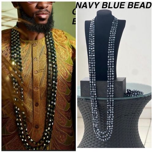 6 set Navy Blue Handmade black bead Necklace and bracelet men Agbada bead AsoOke bead long black Yoruba bead men set