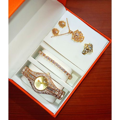 Never Fading Quality Complete Set Of Gold WristwatchNecklaceBraceletEarringRing