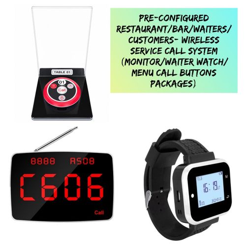 Pre-Configured Wireless Restaurant/Bar Waiter & Customer Service Call System – LCD Monitor / Waiter Watch / Menu Call Button Packages