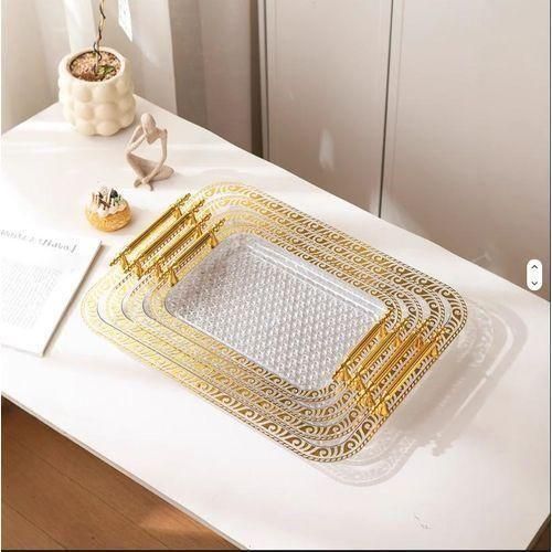 Rectangle Dish Serving Trays with Gold Beads Plastic Gold Fruit Dessert Party Plates Handles for Wedding Kitchen Use-Sets
