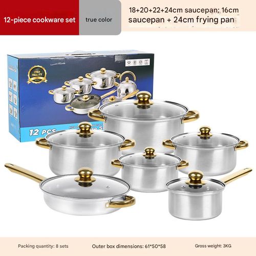 12-piece cookware set including stockpot non-stick frying pan saucepan and gold-plated handles