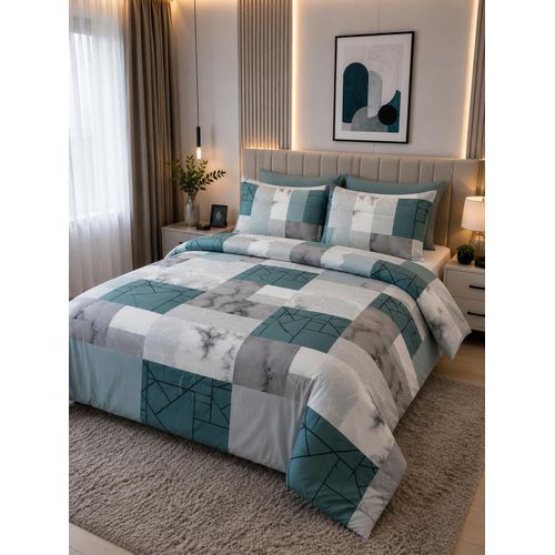 Premium Marble Check Polycotton Comforter Set- 1 Bedsheet + 4 Pillowcases + 1 duvet