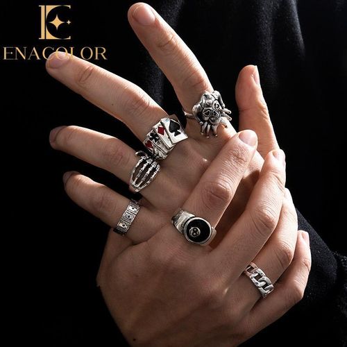 6Pcs/Set Retro Silver Exaggerated 8 Number Skull Poker Clown Ring Set, Men Women Men Unisex Personality Joint Rings Set Accessories