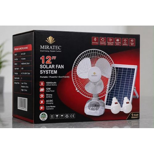 12-Inch Solar Powered Rechargeable Fan Kit with 12W Solar Panel & 2 LED Bulbs