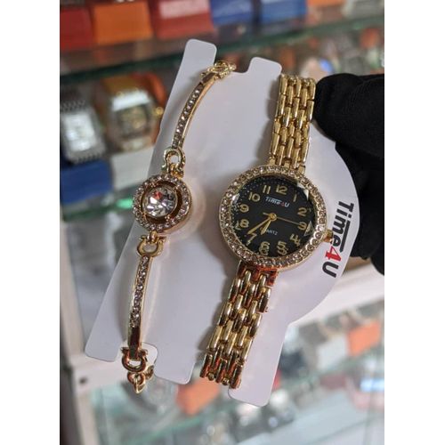 Luxury Women’s Gold Wristwatch with Stone & Matching Bracelet Set