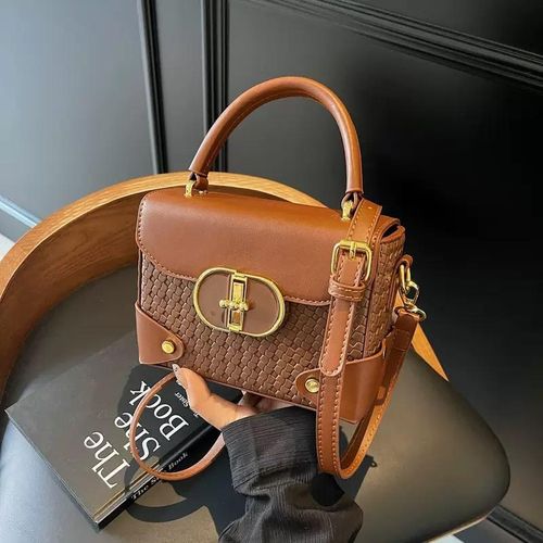 Vintage structured dual textured top-handle crossbody bag that blends aesthetically with modern style, with Tonal Hardware- brown