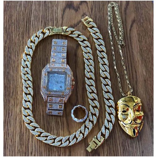 Luxurious Poshed Set Of Iced Studded Wrist Watch +Iced Necklace & Ice Bracelet For Luxury Men/Women