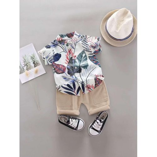2-piece Kid Boys Tropical Leaf Print Button- Up Shirt & Short Outfit