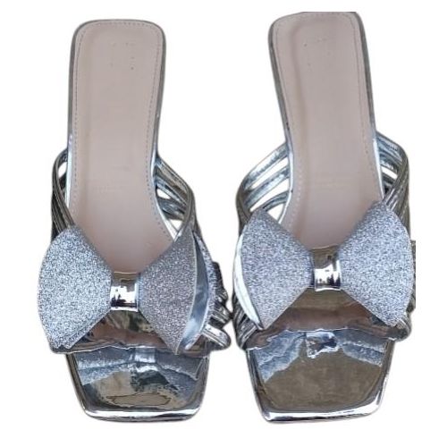 Silver Bow-Decor Round Toes Kitten Heels Mule - Women's Party Shoes