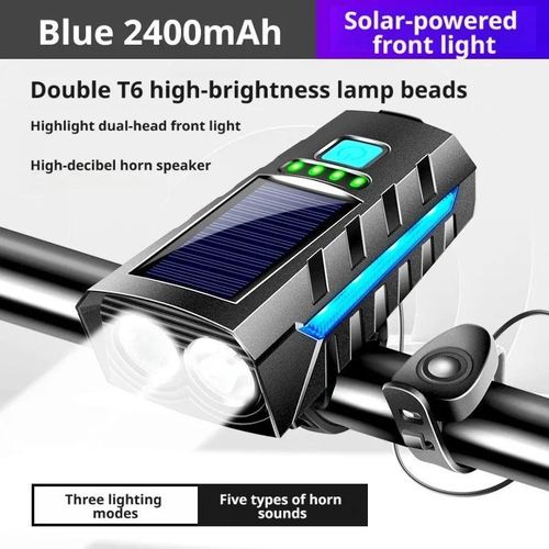 Dual T6 LED Bike Front Light, 3 Lighting Modes, Solar & USB Dual Charging, Waterproof Cycling Light with Power Bank Function for Night Riding