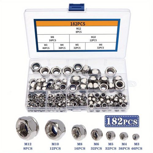 182-piece Stainless Steel Hex Nut Set: M3/M4/M5/M6/M8/M10/M12 Assorted Nuts – 304 Stainless Steel Nuts in a Box