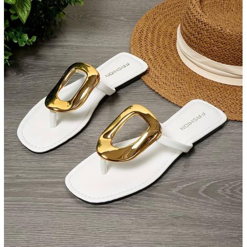Elegant Women Shoes Classy Lady Shoes New Women's Metal Buckle Open Toe Flat Slippers, Women Shoes
