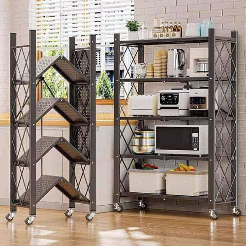 5-Tier Foldable Metal Shelf features a black steel frame and versatile storage for kitchen appliances and containers.