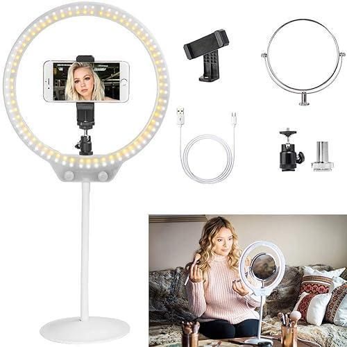 10 Inch Dimmable LED Ring Light for Selfie Makeup with Mirror, Phone Holder (White)
