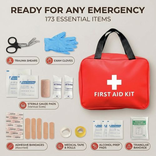 173PCS All-In-One First Aid Kit - Waterproof Portable Emergency Medical Kit with Organized Compartments for Home, Car, Travel, Outdoor & Camping Use