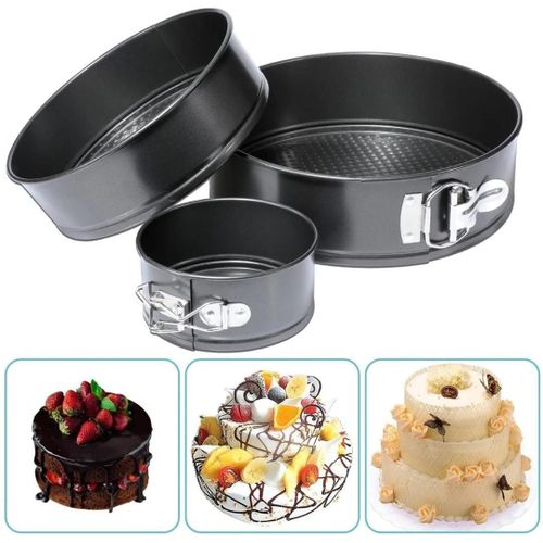 non-stick cake mold pan set featuring three round, springform pans with quick-release latches.