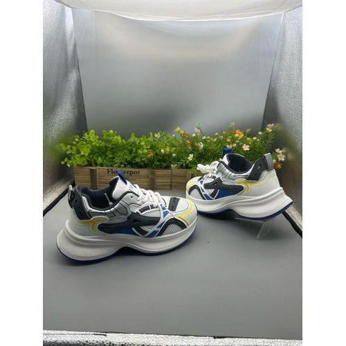 Men's Chunky Athletic Mesh Running Sneakers - White, Blue & Silver
