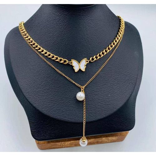 2-Piece Gold Layered Necklace Set - Butterfly Cuban Link Choker & Pearl Drop Lariat