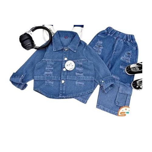 Kids Premium 2-Piece Denim Set – Distressed Ripped Jacket & Cargo Pants