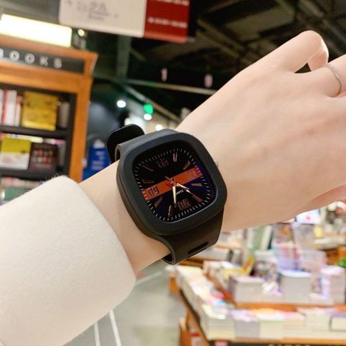 Men's Square Case Quartz Wristwatch, Black Silicone Strap Casual Fashion Student Watch