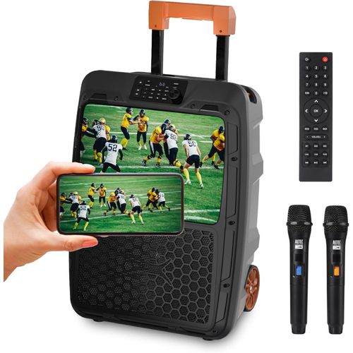 SoundRover View Portable Bluetooth Speaker with 14 1080P Display, 150W Peak Power, 18-Hour Battery LiFePO, IPX4 Water Resistance & Built-in Trolley Handle, Outdoor Entertainment System