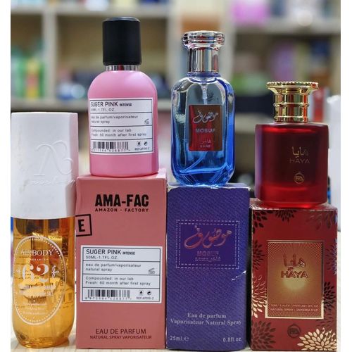 Suger Pink EDP Unisex Perfume 50ml & Mousuf Luxe 25ml & Haya 30ml & Airbody 62 Body Mist