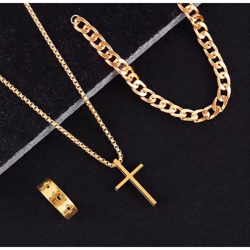3Pcs Men's Gold Stainless Steel Jewelry Set: Cross Necklace, Bracelet & Ring
