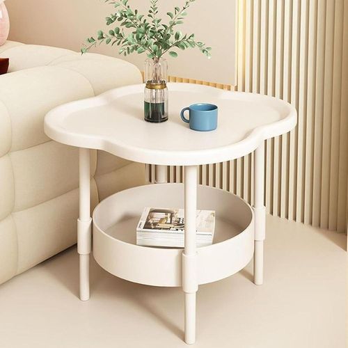 Modern Side Table Double-Layer Four-Leaf Clover Shape Coffee Table with Storage Shelf Creamy White