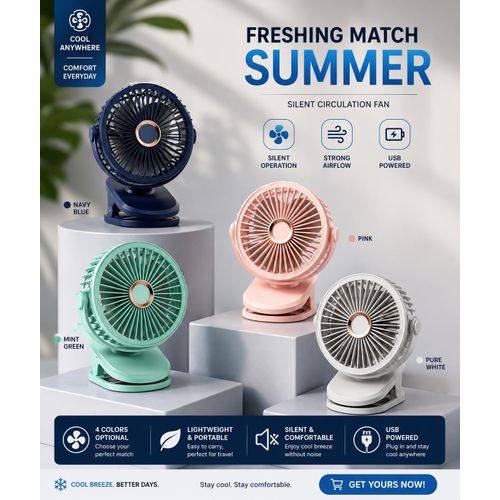 Multifunctional Clip Fan, 5 Wind Speeds, 3 Light Setting, 720° Rotation, Clip/Stand/Hang, Type-C Rechargeable Fan.