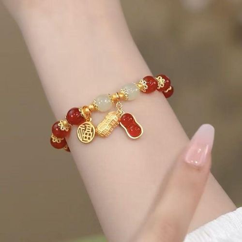 Red And Green Bead Hand Chain - Women Bracelet With Gold Charm