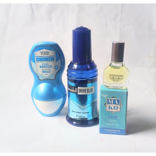 Perfume Gift Set Combo of 3 in 1 of Tag Blue Roll On 50ml, Downhill Drive Blue Body Spray 100ml and Mako Blue Oil Perfume (Unisex Handy Pack), NAFDAC Number: Roll On: A2-105079, Spray: A2-6409, EDP: A2-105048