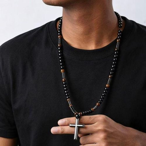 Men's Cross Pendant Necklace with beaded necklace for men crucifix pendent
