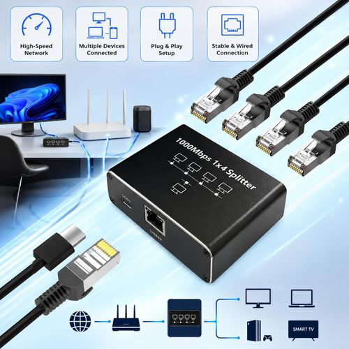1 to 4 HIGH SPEED NETWORK SPLITTER 1000Mbps Internet Splitter, Ethernet Splitter RJ45 Splitter Ethernet Adapter Network High Speed Internet Splitter, LAN-Splitter, Gigabit RJ45 Ethernet Switch Applicable to Cat 5/5e/6/7/8 Cable
