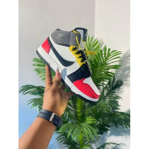 Men's Mid-Top Colorblock Leather Sneakers - Red, Grey, Yellow & Black