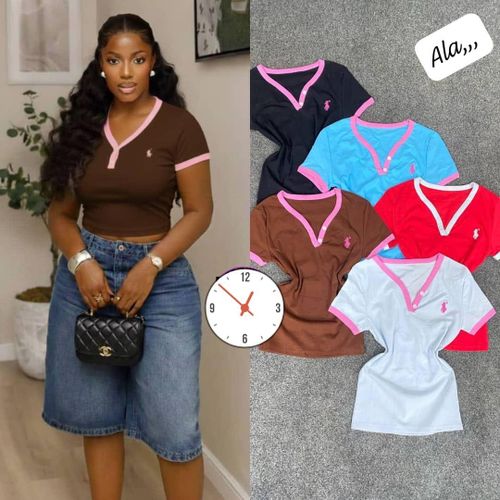 Womens Trendy Ribbed V-Neck Short Sleeve Top - Multi-Color Polo Style