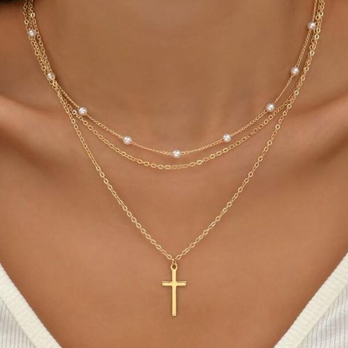 Women's Double Strand Pearl Cross Necklace – Gold Plated Chain, Religious Pendant Jewelry, Perfect Gift for Christian Faith