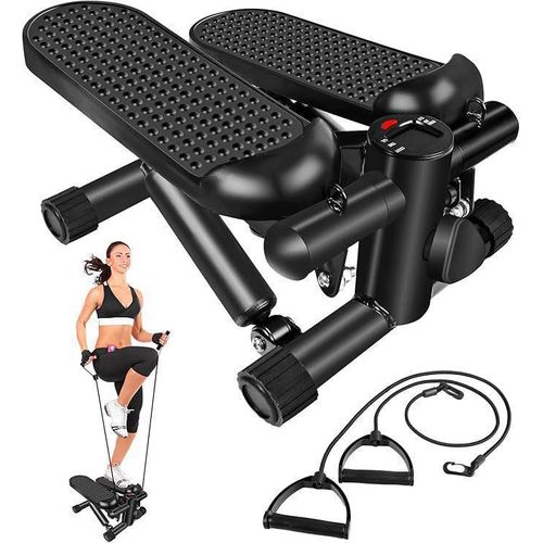 Home mini stepper machine with resistance bands, supporting a weight of over 300 pounds.