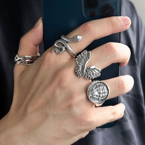 Gothic Vintage Silver Ring Set for Men Women - 4 Pcs Punk Skull Skeleton Snake Wrap Angel Wings Thorn Vine Rings, Antique Dark Aesthetic Statement Jewelry