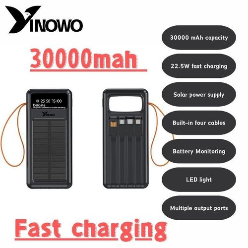 Yinowo 30,000mAh large capacity solar power bank 22.5W Super Fast Charge with 4 in 1 charging ports & LED Light