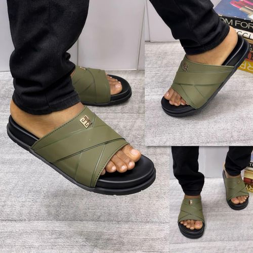 Men's Cross-Strap Slide Sandals - Olive Green & Black