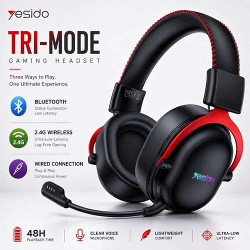 YESIDO EK07 Wireless Gaming. Headset for Mobile Phones Laptops Bluetooth + 2.4 Wireless Headset for Gamers With Detachable MIC Noise Cancelling Microphone 48hours Playback Time