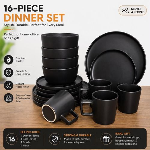 16-piece matte black stoneware dinner set serves four people and includes 4 dinner plates, 4 side plates, 4 bowls, and 4 mugs