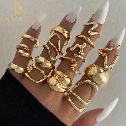 15Pcs/Set Exaggerated Smooth Irregular Joints Opening Ring for Women Geometric Lava Gold Silver Metal Trendy Jewelry Accessories