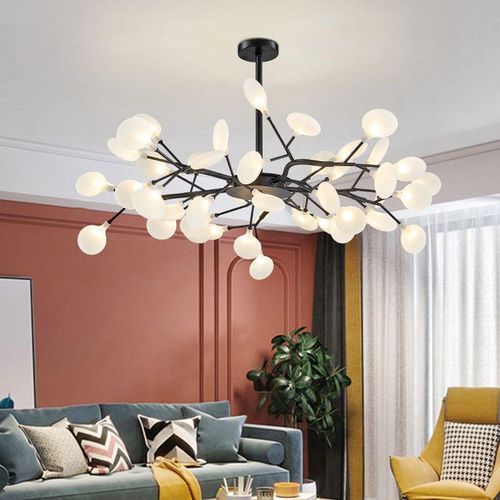 Firefly LED Branch Chandelier - 45 heads - Matte Black + Frosted Glass - Modern Living Room Light, organic design.