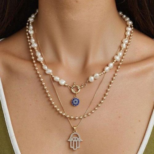 DJL Gold Plated Faux Pearl Layered Necklace for Women Gold & White-Color