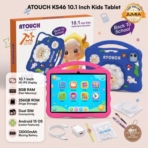 KS46 Kids Educational Tablet – 10.1 HD IPS Display, 8GB RAM, 256GB ROM, Dual SIM, Android 15, 12000mAh Battery