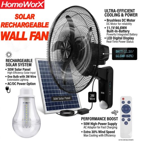 18 Inch Rechargeable & Solar Wall Fan With Bulb LED Light and 30W Solar Panel For Office And Home Lithium Battery