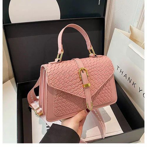 premium woven textured front flap design quality bag for ladies- peach